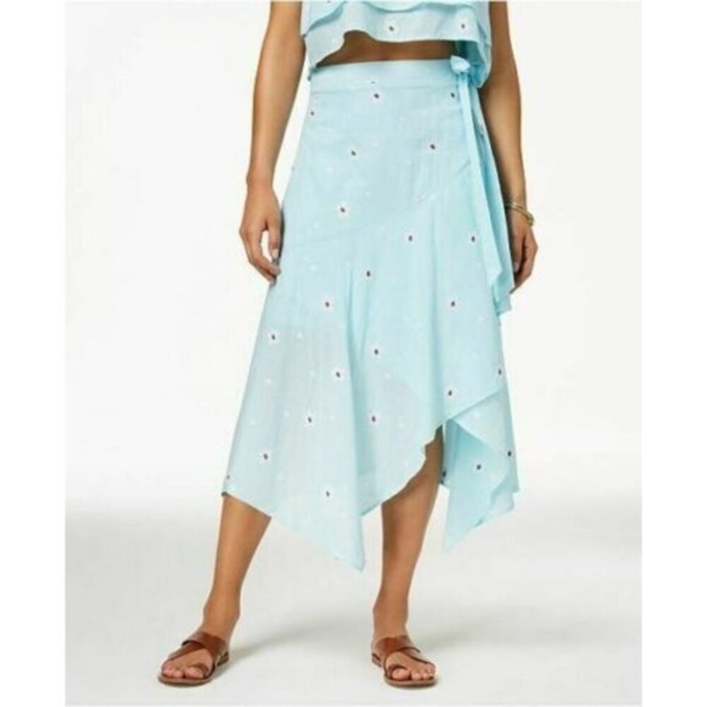 Love, Fire Skirt Juniors Asymmetrical Faux Wrap MIDI in Angel Blue Sz L NWT